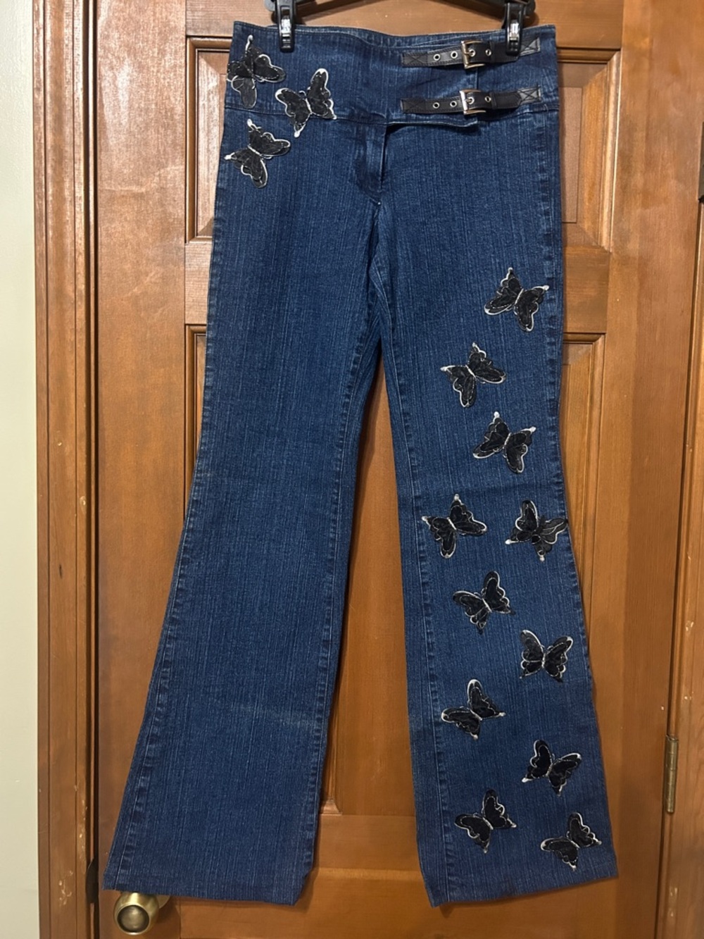 Vertigo Paris Dark Blue Flare Jeans with Black Butterfly Appliqués